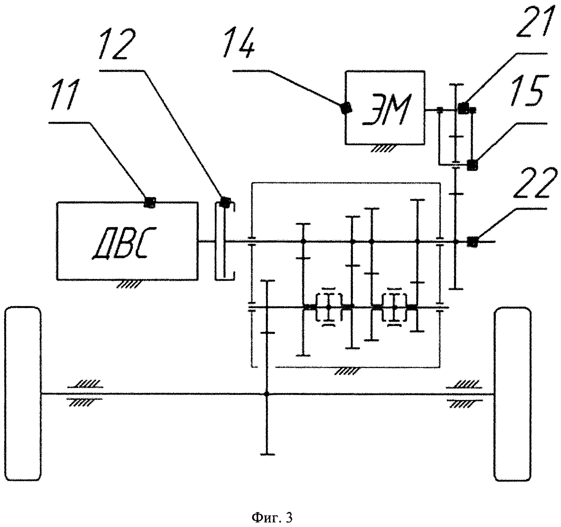 Кинематическая схема гибридной силовой установки с отключаемой обратимой электрической машиной и устройство для еe реализации