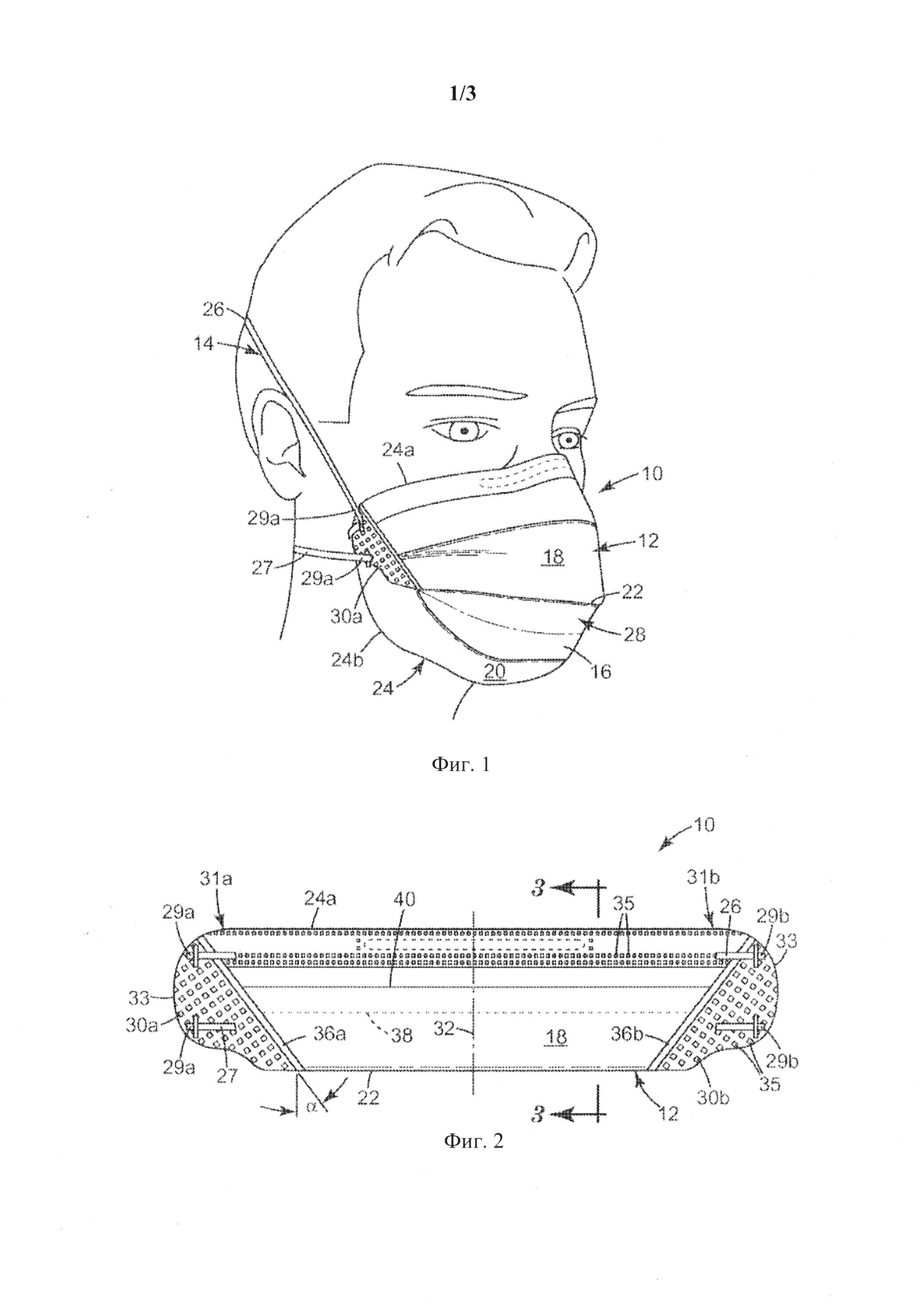 Респиратор в виде фильтрующей лицевой маски со сложенными боковыми планками, активируемыми ремнями