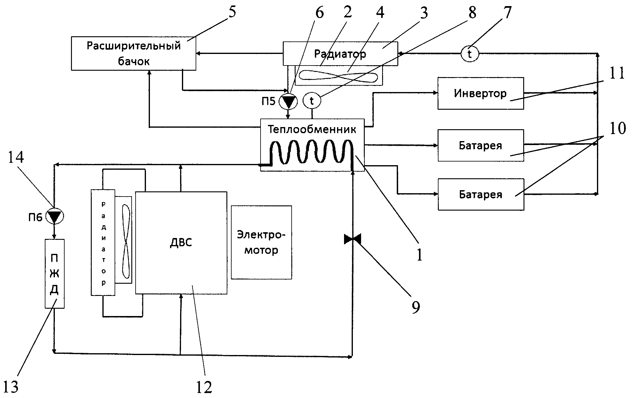 Система термостатирования батарейного модуля и инвертора гибридного автомобиля