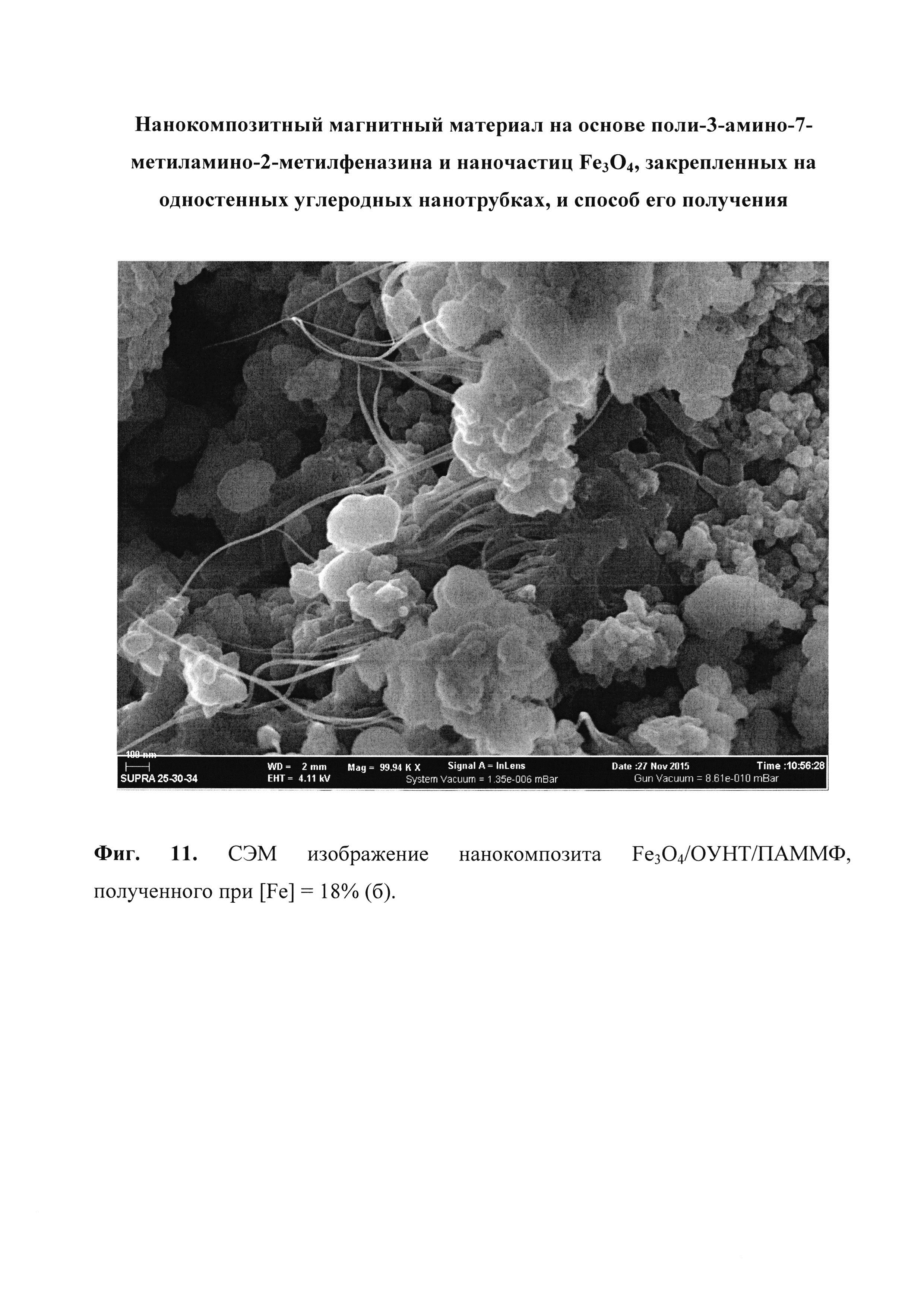Нанокомпозитный магнитный материал на основе поли-3-амино-7-метиламино-2-метилфеназина и наночастиц FeO, закрепленных на одностенных углеродных нанотрубках, и способ его получения