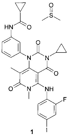 N-{ 3-[3-циклопропил-5-(2-фторо-4-иодофениламино)-6,8-диметил-2,4,7-триоксо-3,4,6,7-тетрагидро-2Н-пиридо[4,3-d]пиримидин-1-ил]-фенил} -циклопропанкарбоксамида диметилсульфоксида сольват в качестве ингибитора МЕК1/2