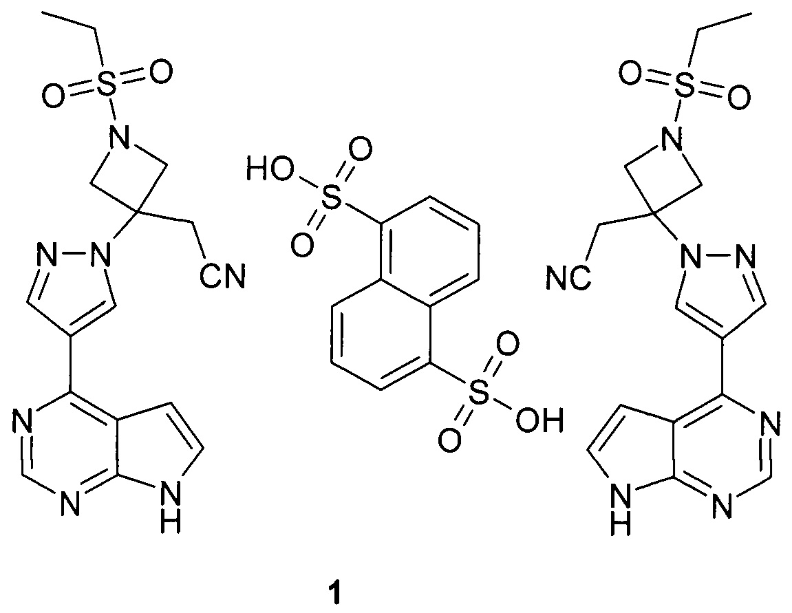 2-(3-(4-(7H-пирроло[2,3-d]пиримидин-4-ил)-1H-пиразол-1-ил)-1-(этилсульфонил)азетидин-3-ил)ацетонитрила геминафтилдисульфонат в качестве ингибитора Янус киназ