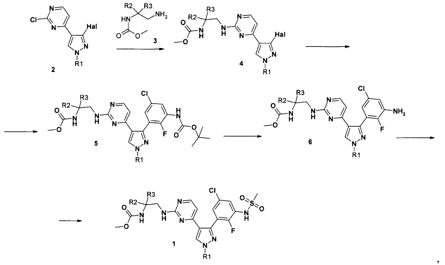 Замещенные метил (2-{ 4-[3-(3-метансульфониламино-2-фтор-5-хлор-фенил)-1Н-пиразол-4-ил]пиримидин-2-иламино} -этил)карбаматы, способ их получения и применения
